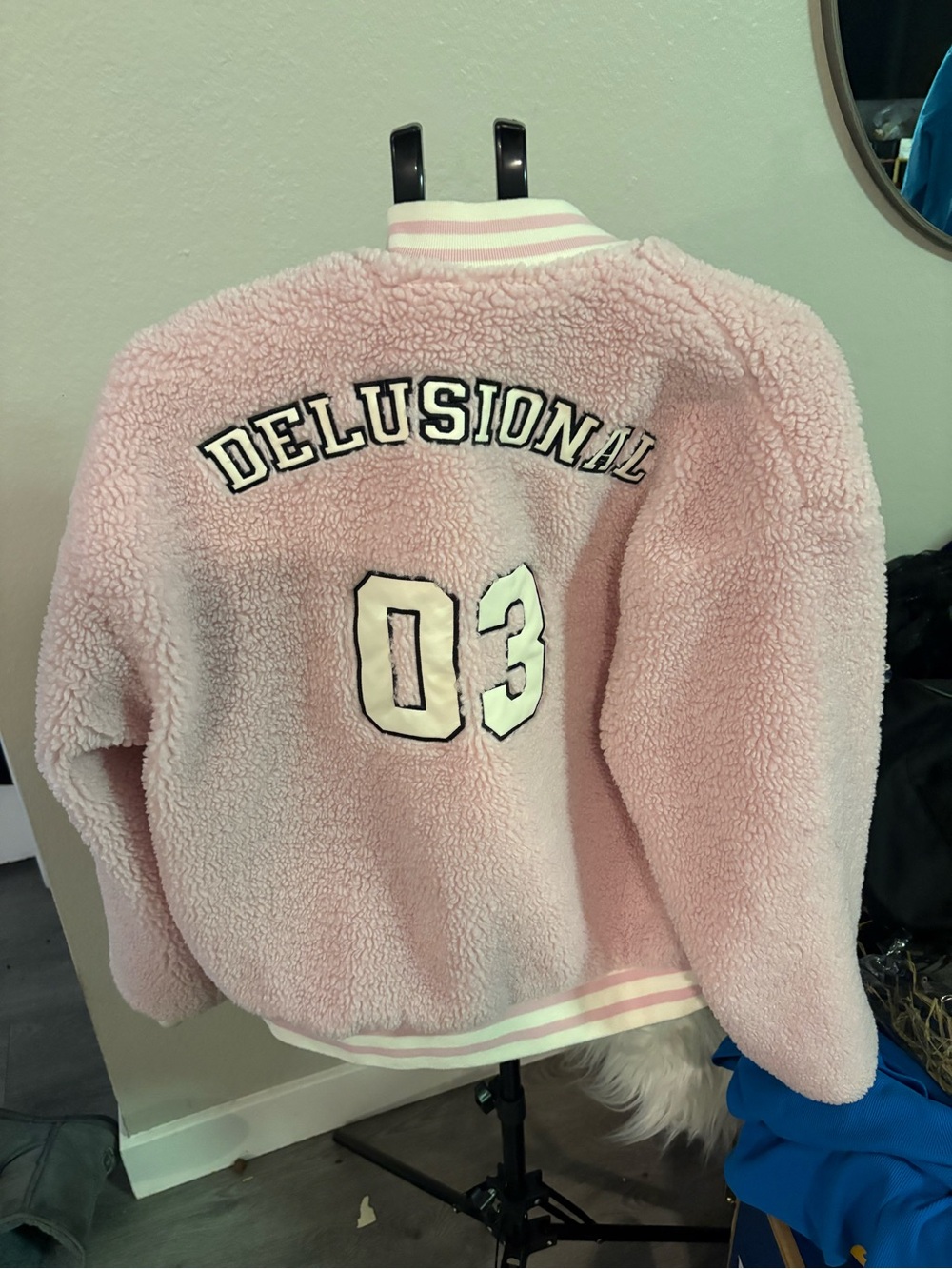 Forever 21 Pink Sherpa Puffer Jacket with Varsity Back